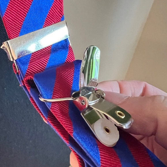 The Tie Bar Unisex Blue Red Striped Silk Blend Leather Adjustable Suspenders - Picture 5 of 9